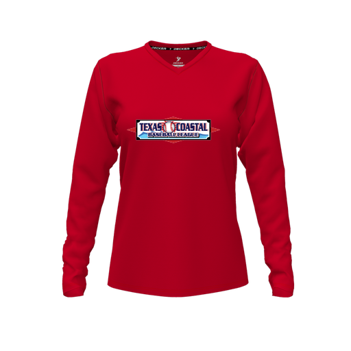 [CUS-DFW-TEES-PER-VNK-LSL-RED-FYXS-LOGO1] Performance T-Shirt (Female Youth XS, Red, V Neck, Logo 1, Long Sleeve)